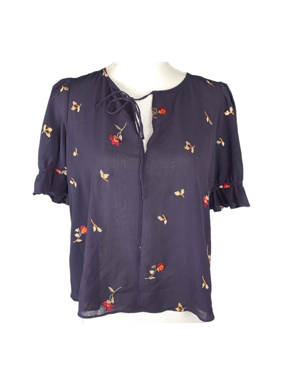 Madewell Embroidered Zephyr Ruffle-Sleeve Top In Sweet Blossoms Navy Size Small